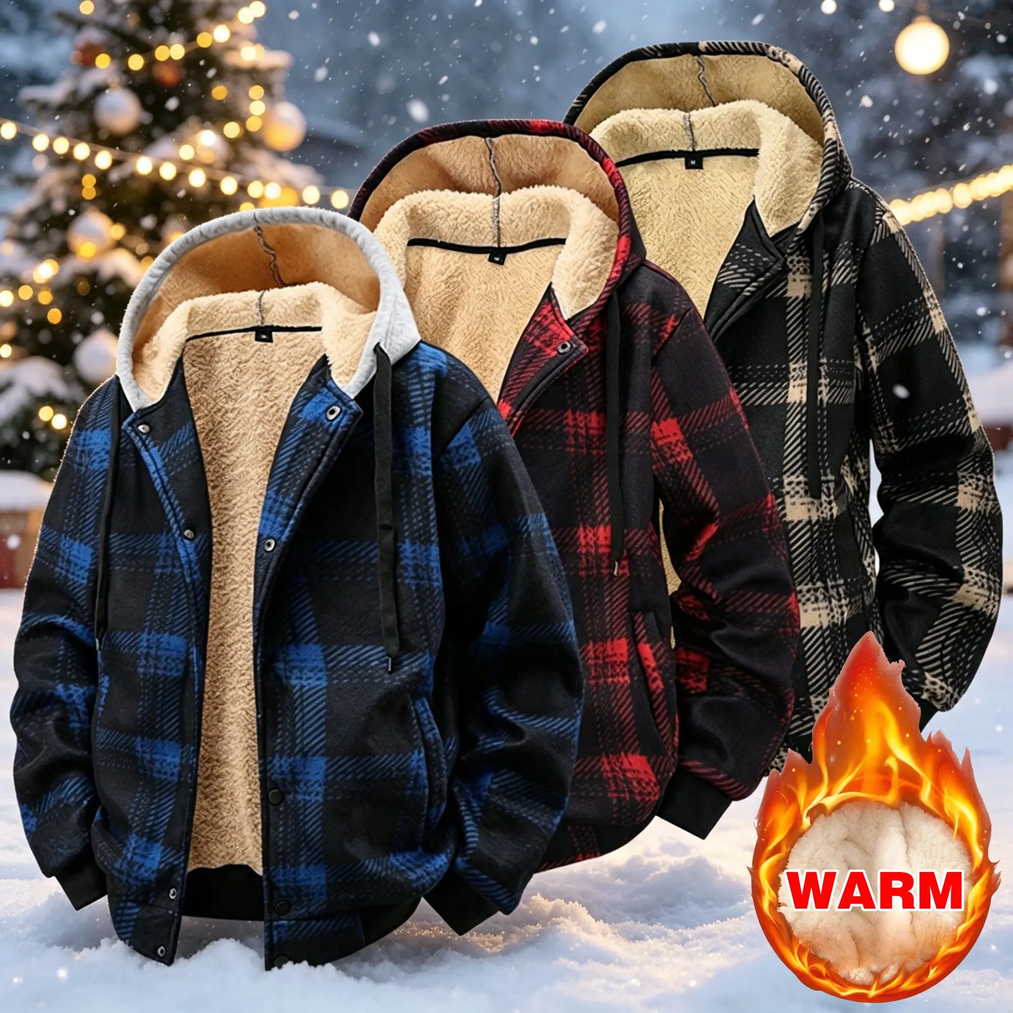 European and American style men's hooded, fleece-lined, thickened, checkered, sporty, fashionable, loose-fitting, trendy, casual, outdoor, warm jacket for men