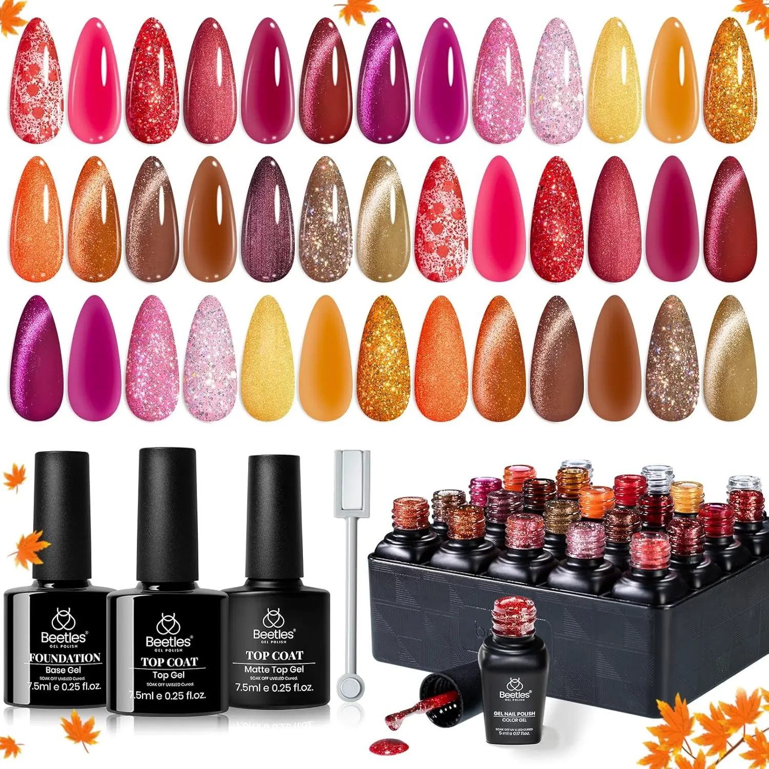 Beetles Fall Gel Nail Polish Set - Opulent Glow Cat Eye Gel Polish, Smooth Golden Translucent Red Orange Yellow Glitter Brown, Soak-Off UV LED with Base Glossy Matte Top Coat, Cosmetic for DIY Nail Art Gift for Women