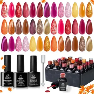 Beetles Fall Gel Nail Polish Set – Opulent Glow Cat Eye Gel Polish,Red Orange Yellow Glitter Brown, Soak Off UV LED with Base Glossy Matte Top Coat for DIY Manicure Gift for Women Fall Nail