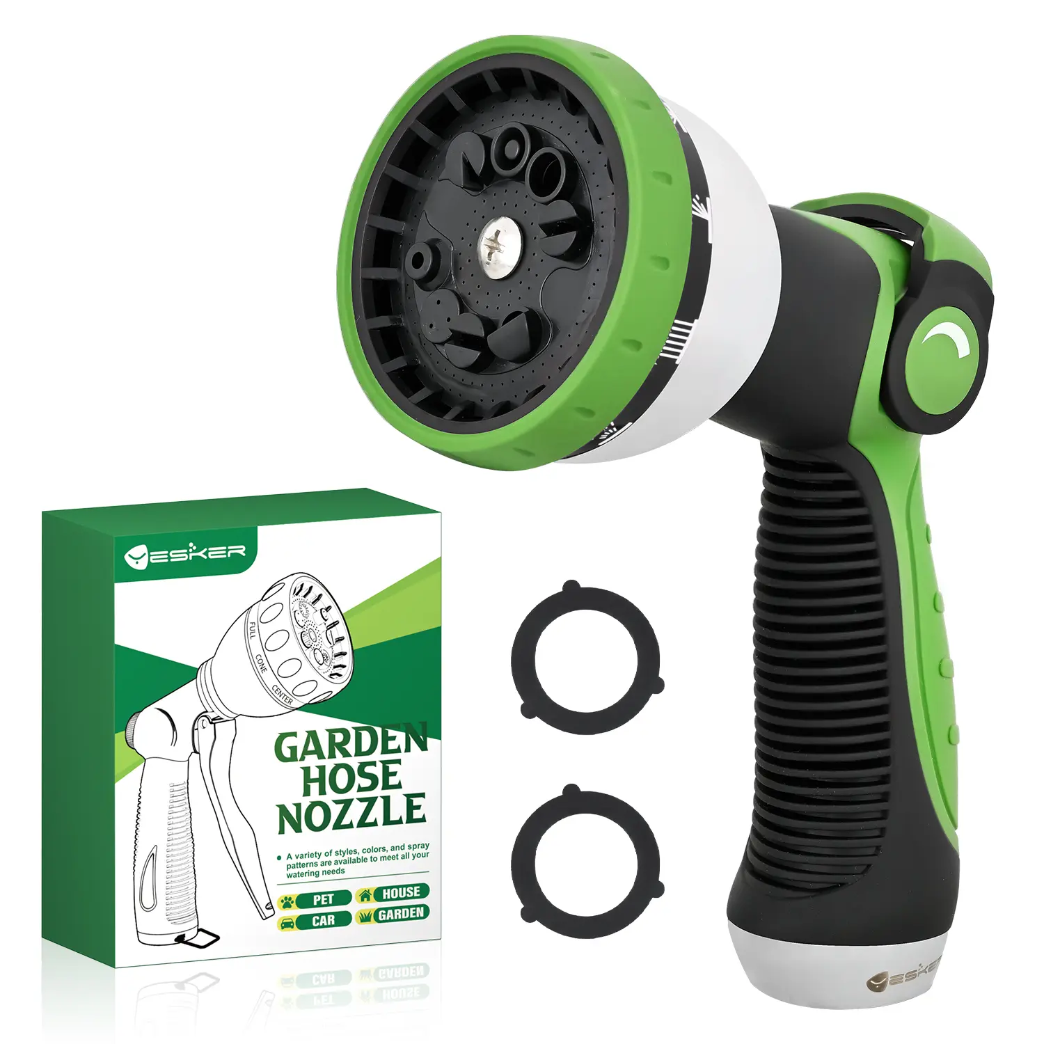 Yesker Garden Hose Nozzle Water Hose Sprayer Nozzle Adjustable 10 Spray Patterns Heavy Duty Metal Nozzles Thumb Control w Non-Slip Grip for Outdoor Watering Plants Lawn Washing Car Pets, Black & Green