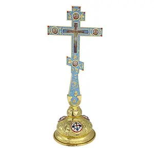 10.2 Inch Orthodox Cross Gold Plated Enamel Jesus Crucifix with Saint Icons Handmade Eastern Orthodox Blessing Cross for Church Religious Gift Ornaments Religious Decoration