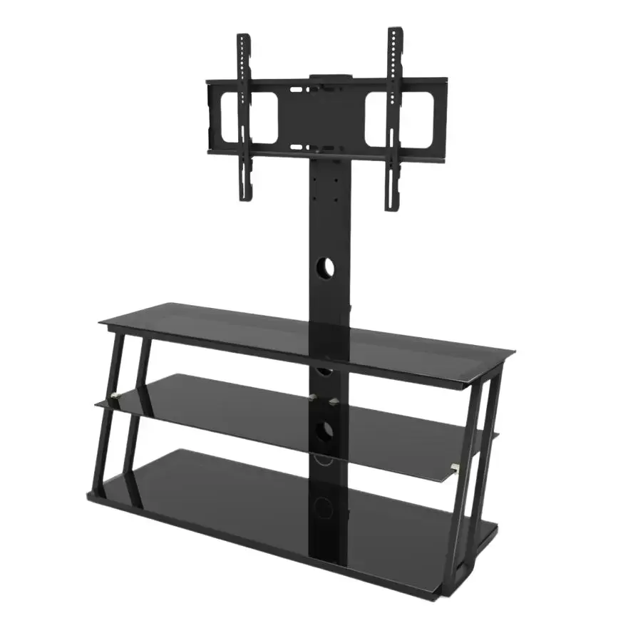 Industrial Rectangular Tempered Glass & Sturdy Frame Steel TV Stand with Swivel Mount, Cable Management, Adjustable Height - 41.3x16.9x50.2 in, 56.0 lb Universal Floor Model for 32-65 in TVs (Above 25 kg), Ideal for Apartments, Living Rooms