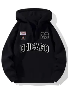 Men's Casual Loose-Fit Hooded Sweatshirt, Fall & Winter Thick Fabric, Half-Zip Long Sleeve Pullover, College Style City Name Print, Graphic Print Hoodie, Graphic Hoodies