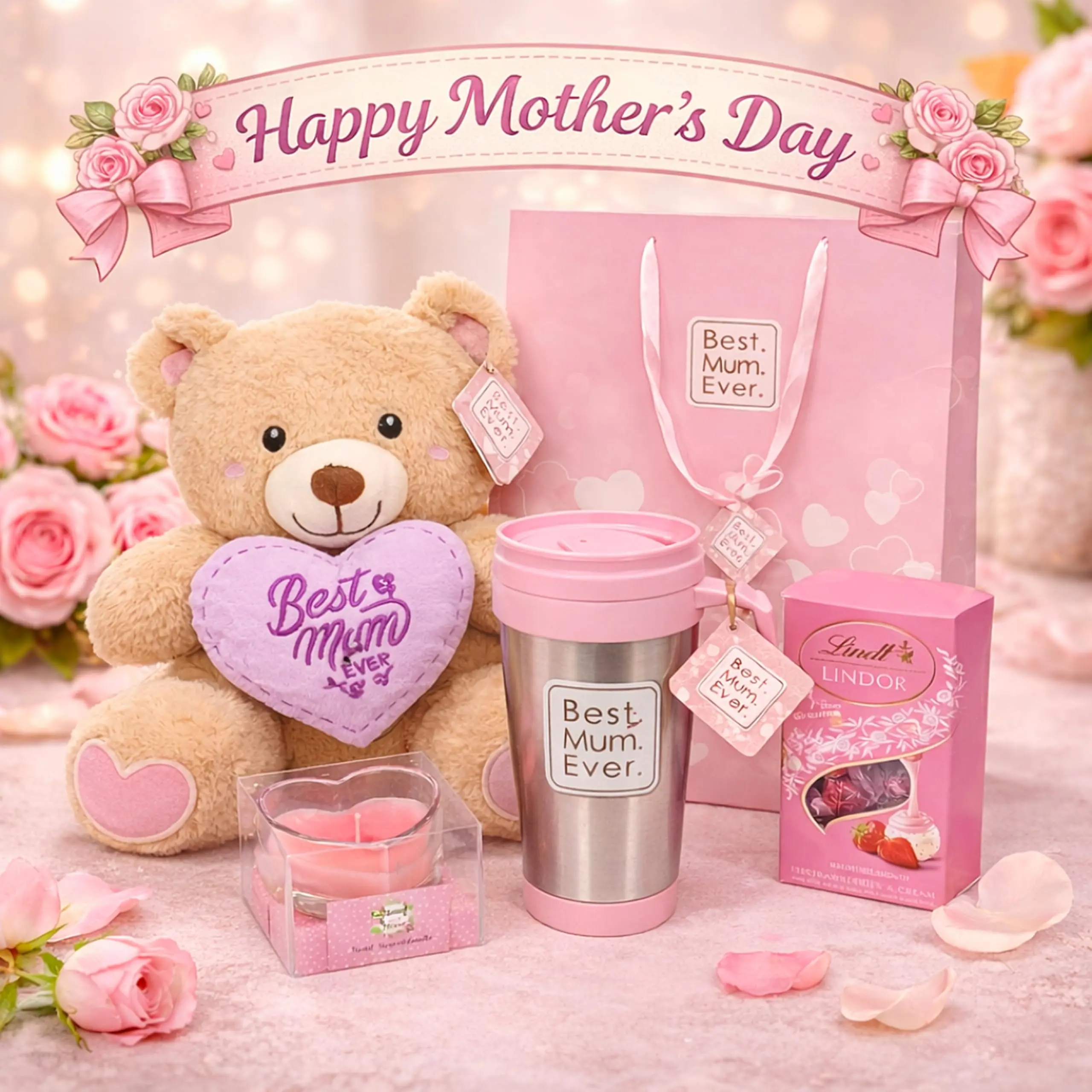 Mothers Day Hamper for Mums – Teddy Bear with Heart Cushion, Stainless Steel Travel Mug, 200g Lindt Strawberry Truffles, Scented Heart Candle & Gift Bag – Mothers Day Gift for Mum, Women
