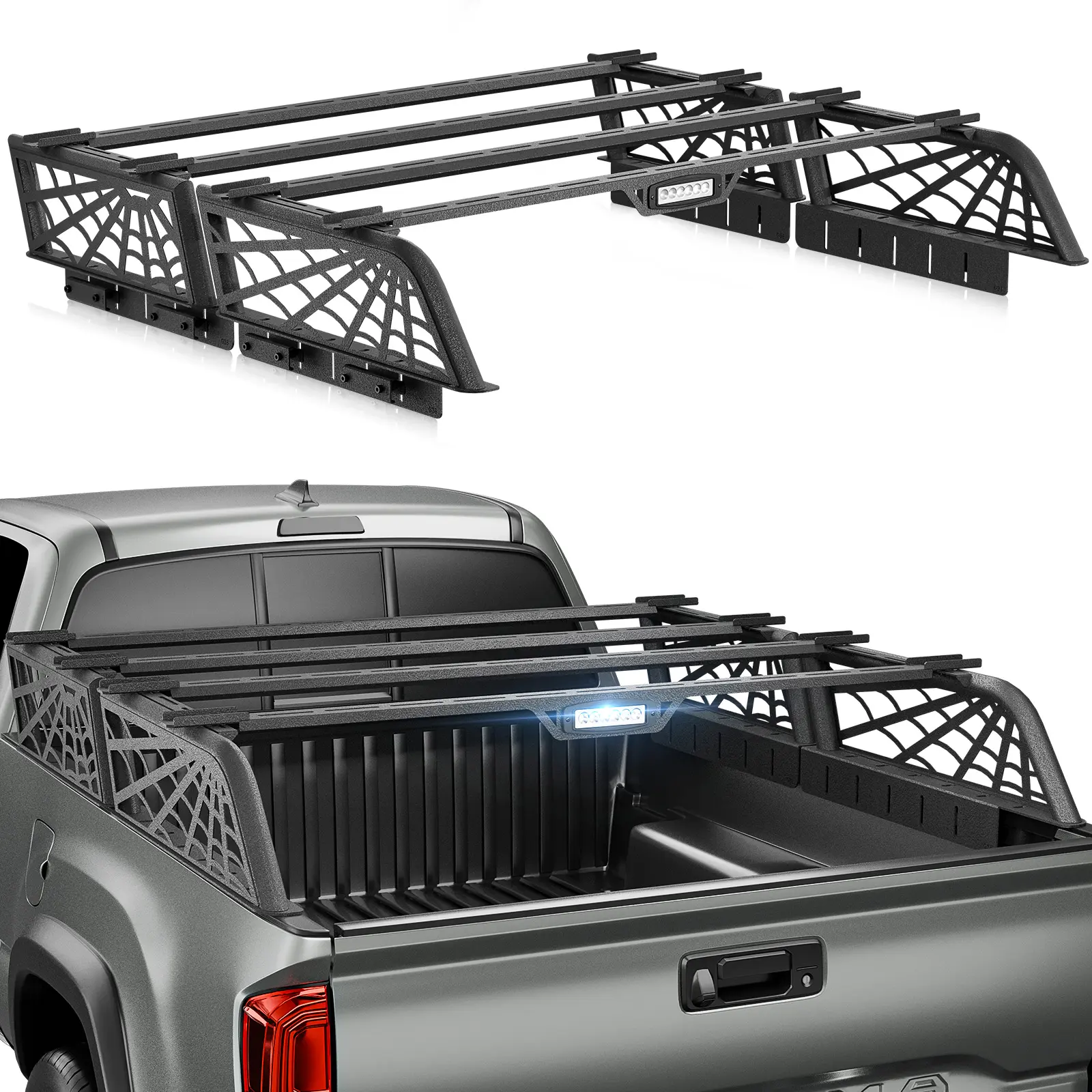 【EYOUHZ】Truck Bed Rack Overland Split Back Ladder Rack with LED Light – Detachable 2-Part Design, Compatible with 2005-2025 Toyota Tacoma & 2020-2025 Gladiator JT with Bed Rails, 1000 LBS Cargo Carrier