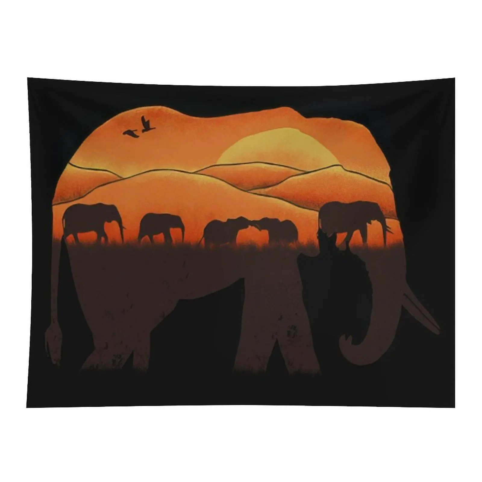 Double Exposure African Elephant Savannah Sunset Silhouette Wall Tapestry Wildlife Nature Art for Home Wall Ornament