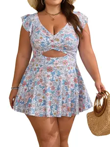 B2prity Women's Plus Size Swimsuit Tummy Control One Piece Swimdress Ruffle V Neck Cutout Wrap Bathing Suit with Skirt