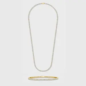 IMPERIUM JEWELRY Women's 14 Karat Gold Plated 3mm Tennis Chain and Bracelet Set, Elegant Costume Jewelry Statement Piece, Gold Bracelet Set