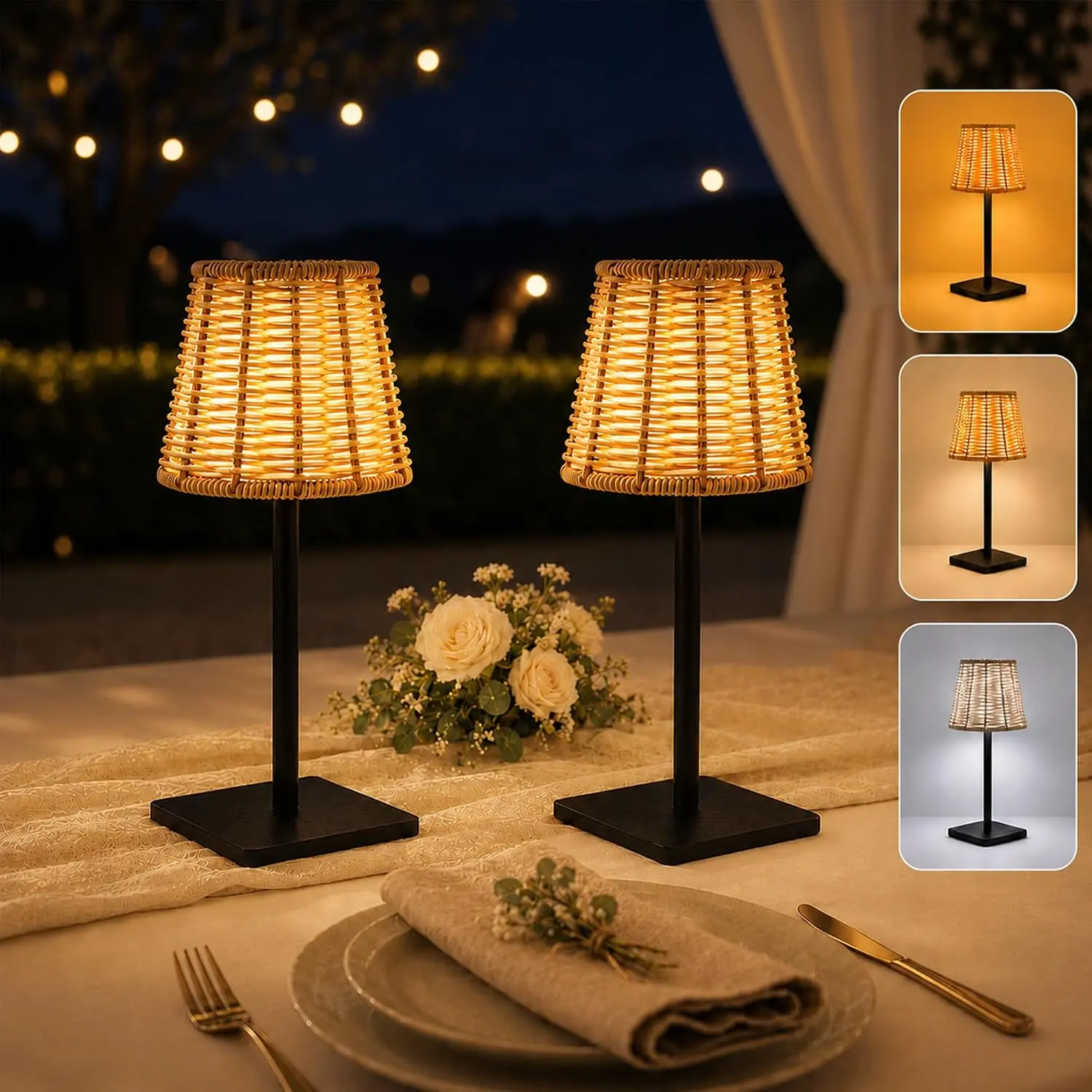 2 Pack Rattan Table Lamp, Wedding Rechargeable Small Wicker Lamp Cordless Rattan Lamp Shade with Dimmable LED Portable Woven Bamboo Lamp, Cozy Boho Decor
