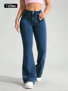 Women's Blue Washed Denim Woven Flared Pants, Fashionable Comfortable Versatile Everyday Elastic Jeans, Fitted Long Leggings for All Seasons
