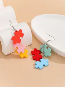 1 Pair Pastel Colored Puzzle Piece Acrylic Pendant Earrings - Trendy and Fashionable for Girls' Parties