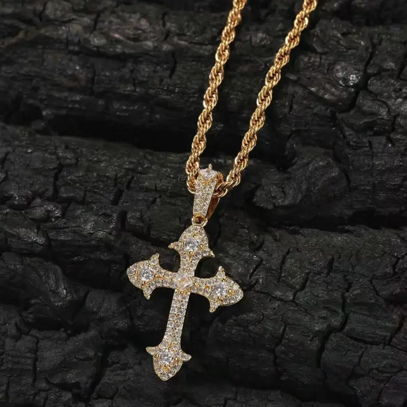 Iced-out cross necklace, 14K gold-plated cubic zirconia ankh cross pendant with rope chain; trendy hip hop gothic diamond Jesus cross necklace