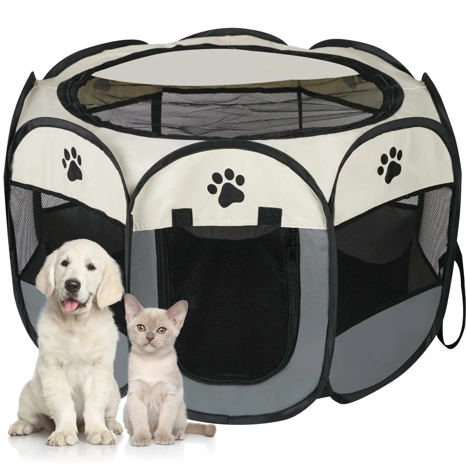 Premium Foldable Octagonal Small Pet Tent Enclosure - 28×28 Inches Durable Puppy Playpen, Scratch-Resistant, 2-Color Paw Prints, Portable Indoor-Outdoor Supply