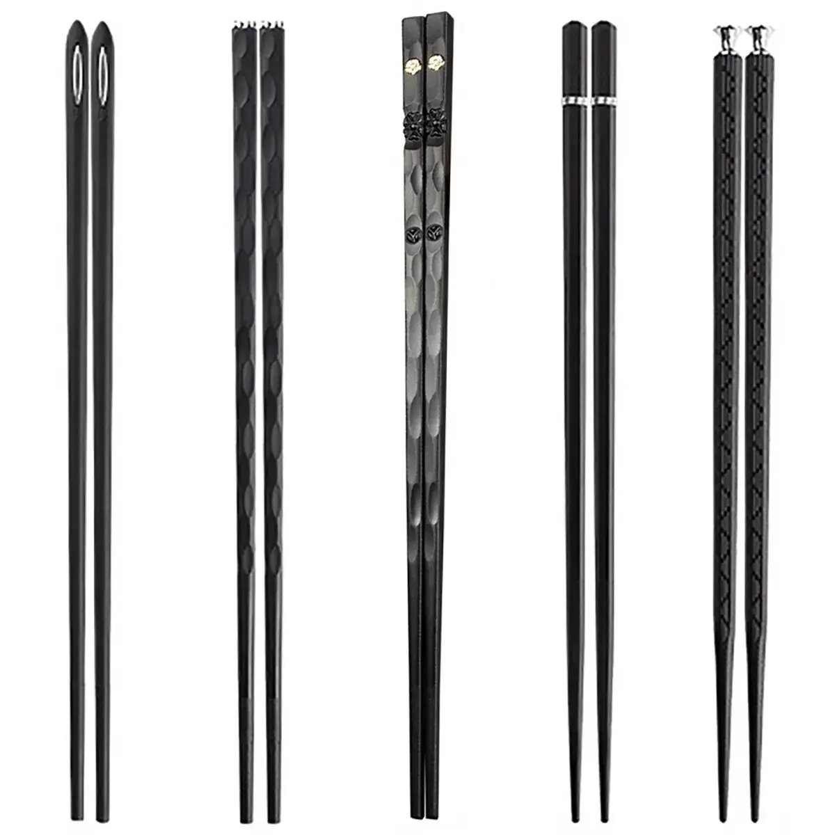 Premium Antibacterial PET Chinese Chopsticks Cutlery Set - 5 Pairs (Black), Dark Finish, Floral Patterns, Storage Box Included, Ideal for Asian Food, Home Dining, Party Gifts (Tableware, Home Supplies)