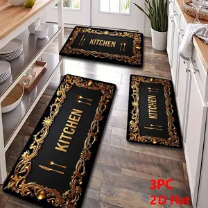 2pcs/3pcs Flannel Kitchen Mat Set, Base with Embossed Design, Non-Slip, Absorbent, Home Decor, Kitchen Area Rug