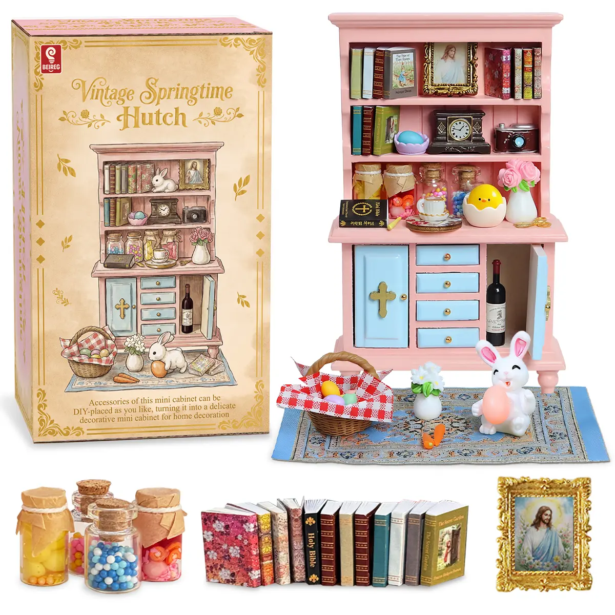 BEIREG Vintage Springtime 1:12 Scale Unisex Dollhouse Hutch Set - 40 Pcs Miniature Things, Wooden Bookshelf with Books, Flowers, Rabbits, Baskets, Coffee Cups, Scissors, Easter Eggs, Birthday Learning Decor Gifts for Ages 6+