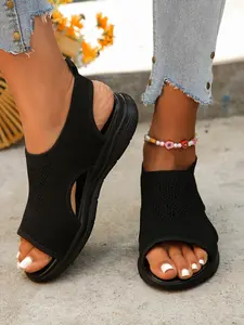 New Summer Sandals Women's Mesh Thick Sole Slip-On Fish Mouth Flyknit Casual Sports Shoes, Fashionable Slide Sandals, Comfortable Breathable Sneakers