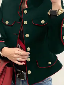 A short women's Casual jacket Outerwear Coats with multiple gold embossed buttons on the edge of a military green red envelope, suitable for autumn and winter, suitable for outdoors, party wear Womenswear