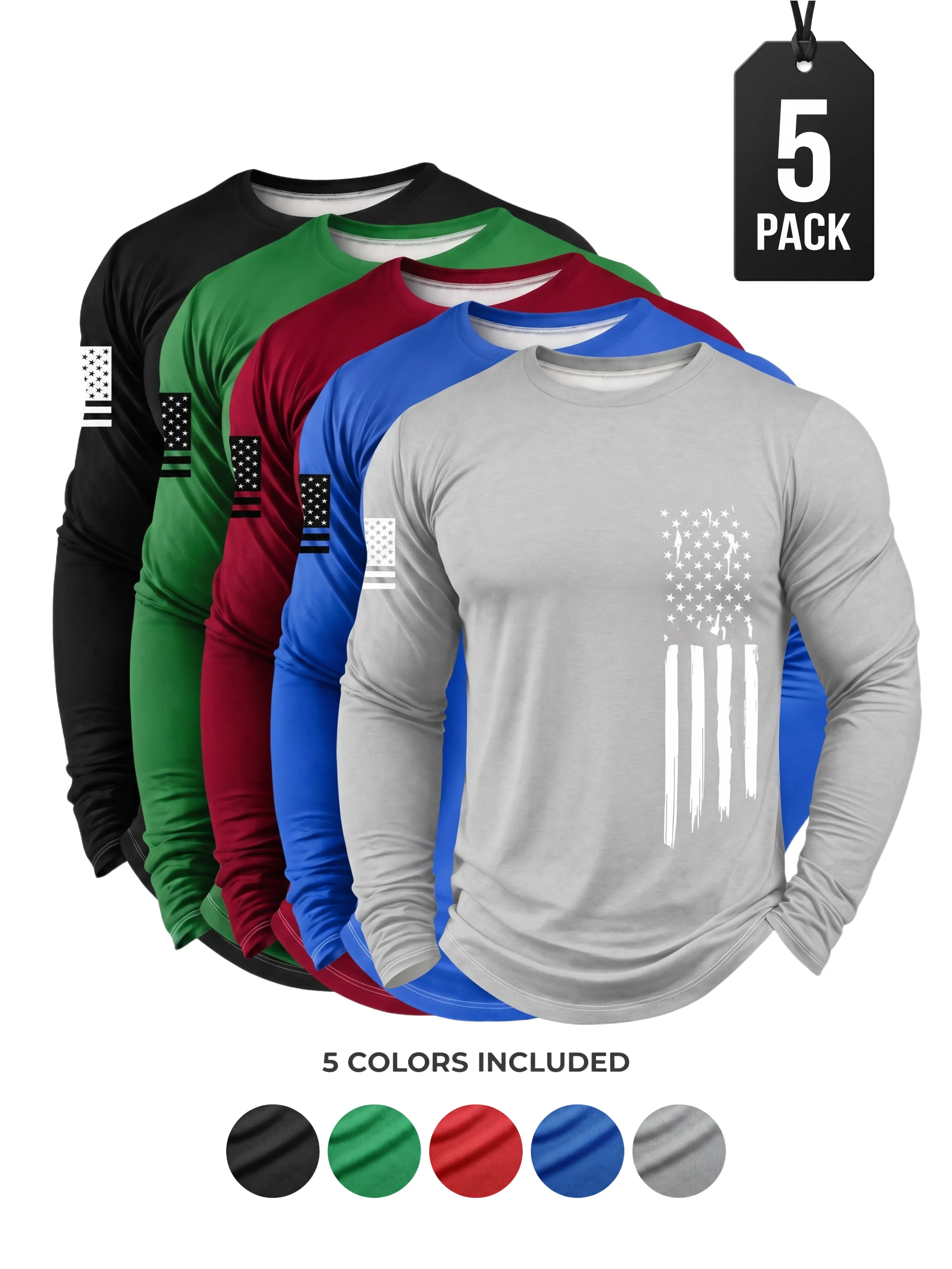 Men's 5-Pack Long Sleeved Casual Gym Top Set, Quick-Dry Breathable Athletic Fit, Independence Day Patriot Apparel for Spring & Autumn, Mesh Streetwear Plain Menswear