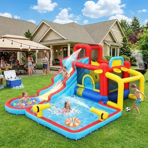 Whubefy 12-in-1 Inflatable Bounce House Park, Giant Water Slide for Kids, Wet & Dry Use, Large Jumping Area, Climbing Wall, Water Cannons, Soccer Goal, Blower Included, Outdoor Play, Birthday Party Gift for Kids, Easter gift