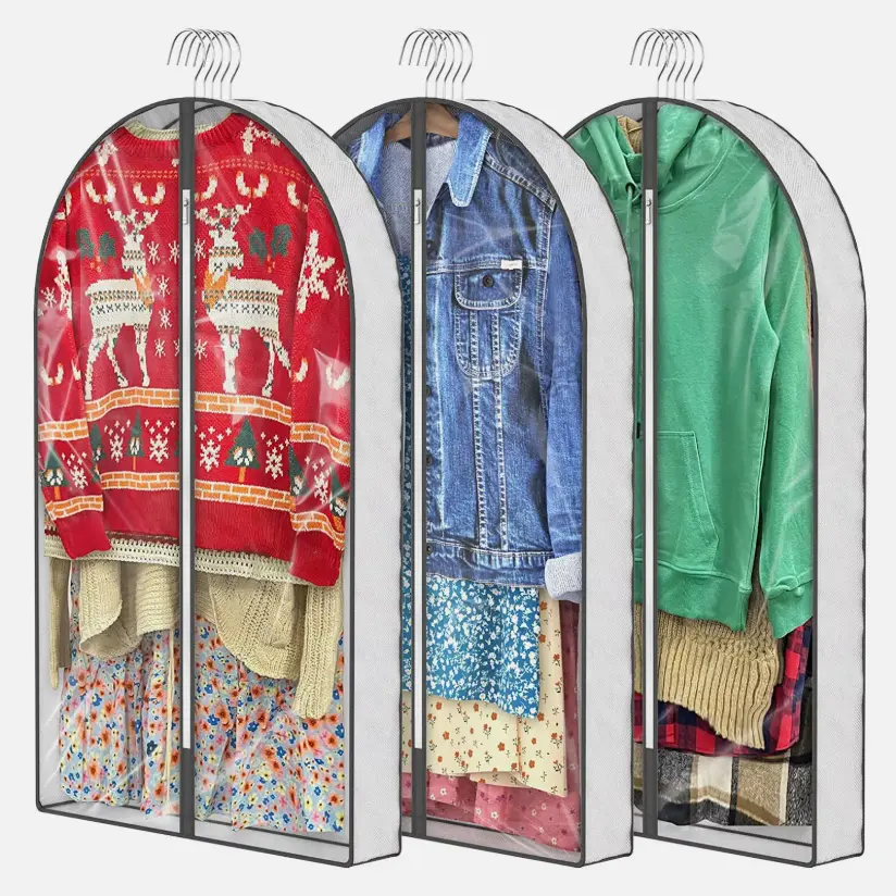 3-Pack Durable 40" Garment Bag Set for Travel & Clothes Storage, Full Zipper Dust Cover with Clear Closure for Suits, Dresses & Coats