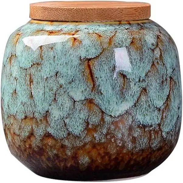 Deal - Traditional/Vintage Chinese Style Ceramic Storage Jars with Bamboo Lid, Tea Tins Cans Canister for Kitchen Spice, Tea, Coffee, Condiment (Light blue).