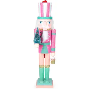 15" Wooden Christmas Nutcracker Decor, Nutcracker Ornament for Festival Party Outdoor Xmas Gifts Pink Christmas Tree