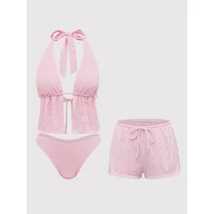Hollow Tankini Three-Piece Set Trendy Floral Printed Tankini Swimsuit Women Irregular Hem Design Tummy Hiding Lightweight Skin Friendly Holiday Pool Hot Spring Bathing Outfit