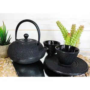 Japanese Imperial Dots Black Cast Iron Teapot Set With Trivet and Cups Serves 2