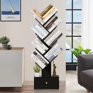 8-Tier Tree Bookshelf with Drawer – Free-Standing Wood Bookcase for Living Room, Bedroom, Home Office – Space-Saving Storage Organizer for Books, CDs, and Vinyl Records – Black
