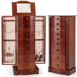 Giantex Large Jewelry Armoire Cabinet with Drawers & Swing Doors Hooks Top Mirror Boxes, Standing Cambered Front Storage Chest Stand, Large Standing Jewelry Armoire, Dark Walnut