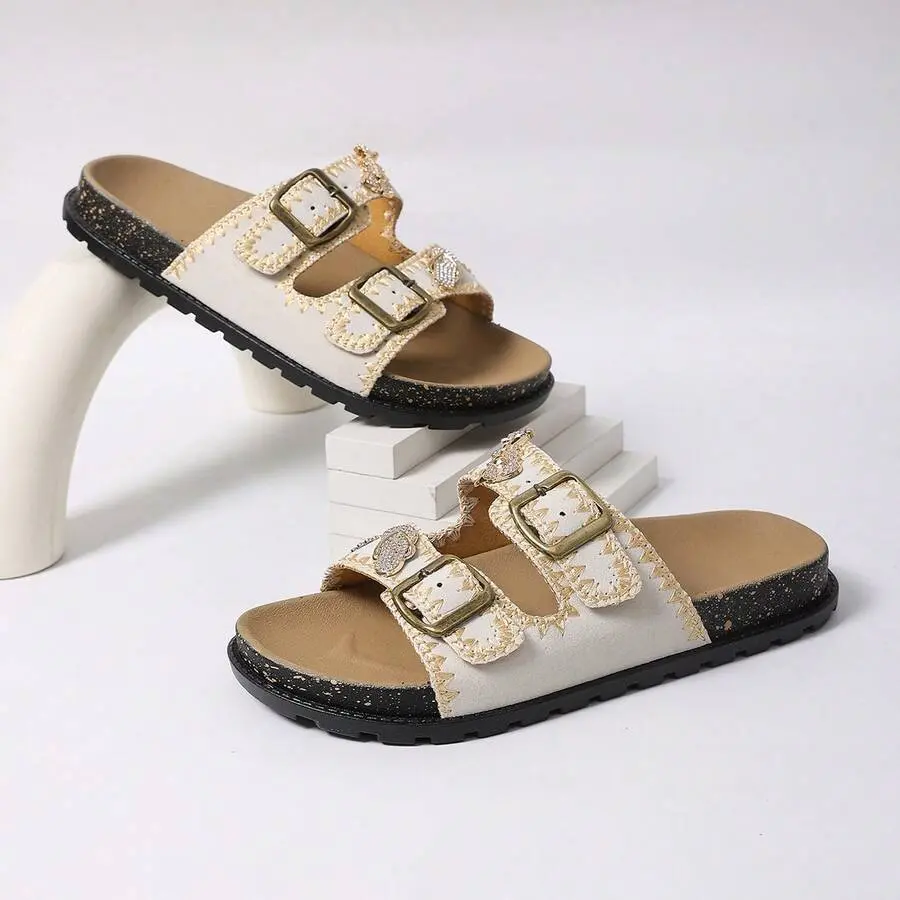 Women's Boho Western Rhinestone Buckle Slide Sandals - Double Strap, Open Toe, Platform, Vintage Embroidered Studded, Y2K Streetwear, Non-Slip Comfy, Glitter Sparkle, Black & White for Summer Beach, Daily Outfits Beige Casual Flat Girl Shoe Footwear