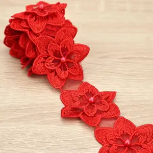 Organza Flower Trim 2 Yards Lace Edge Trim Ribbon, Vintage Edging Trimmings Fabric Embroidered Applique Sewing Craft for Wedding Dress Embellishment DIY Dress Decor, Gowns, Home Decor (Red)