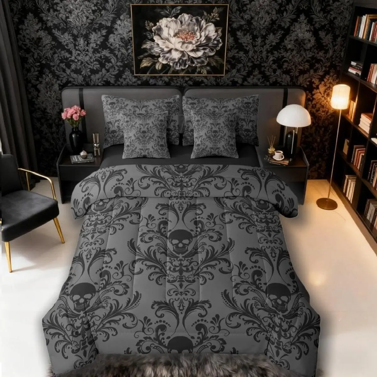 Feelyou 7-Piece Victorian Goth Damask Queen Quilt Bedding Set - Black Grey Floral Skull Duvet Cover Set, Includes Sheets, Machine Washable Soft Printed Bedding Components, Floral Bedding