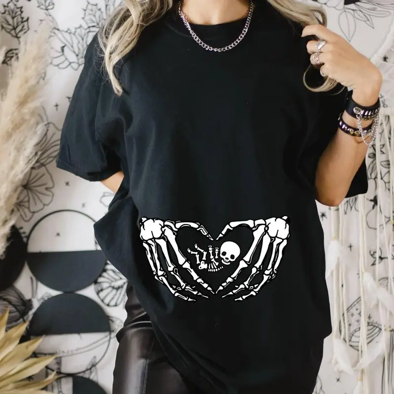 Women's Cotton Skeleton Print Maternity Halloween T-Shirt - Maternity Apparel, Pregnancy Clothing, Advanced Digital Printing (tb0422)