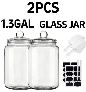 2 pcs 1.3 Gallon Glass Jars with Lids - Airtight Food Storage Containers, Perfect for Coffee, Snacks, and More - Ideal Gift for Homemakers & Organizers, Includes 2 Scoops, 2 Erasable Pen, and 2 Stickers, Kitchen Essentials|Round Glass Jars|Reusable Glass