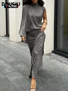 DOUCIU Spring And Autumn Intellectual Elegant Chic Simple Casual Street Photography Look Women'S Thin Solid Color Half-Sleeved Top And Skirt Two-Piece Set, Summer