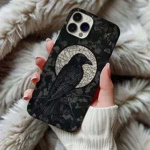 Gothic Art Black Crow Colored Glass TPU Smartphone Case - Celestial Moon Witch Style Cover, Protection Accessory, Casing Gift for Friends (Fits iPhone 11-16)