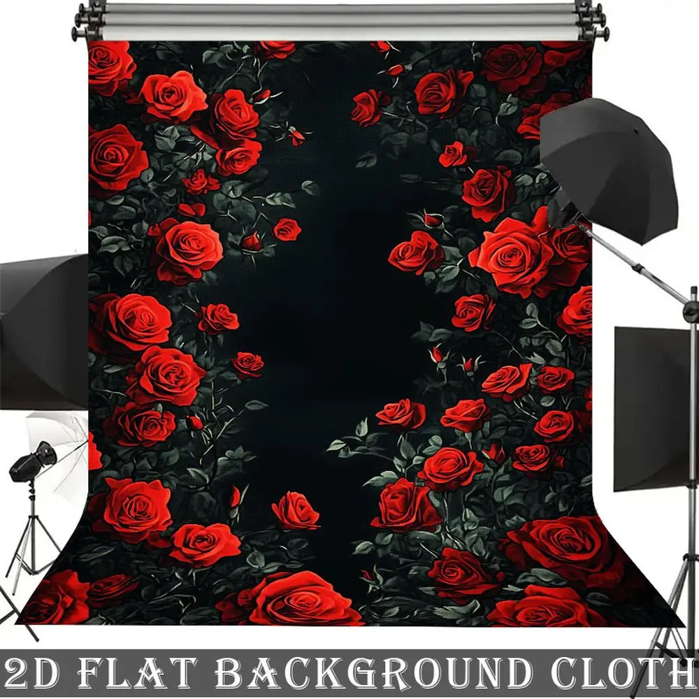 1PC Polyester Photo Backdrop - 2D Flat Vintage Red Rose Black Design, Standing Banner, Birthday/Wedding Decoration, High-Res Print, Washable Durable, Multiple Sizes, Studio Portrait Influencer Live Stream Prop, Photo Backdrops