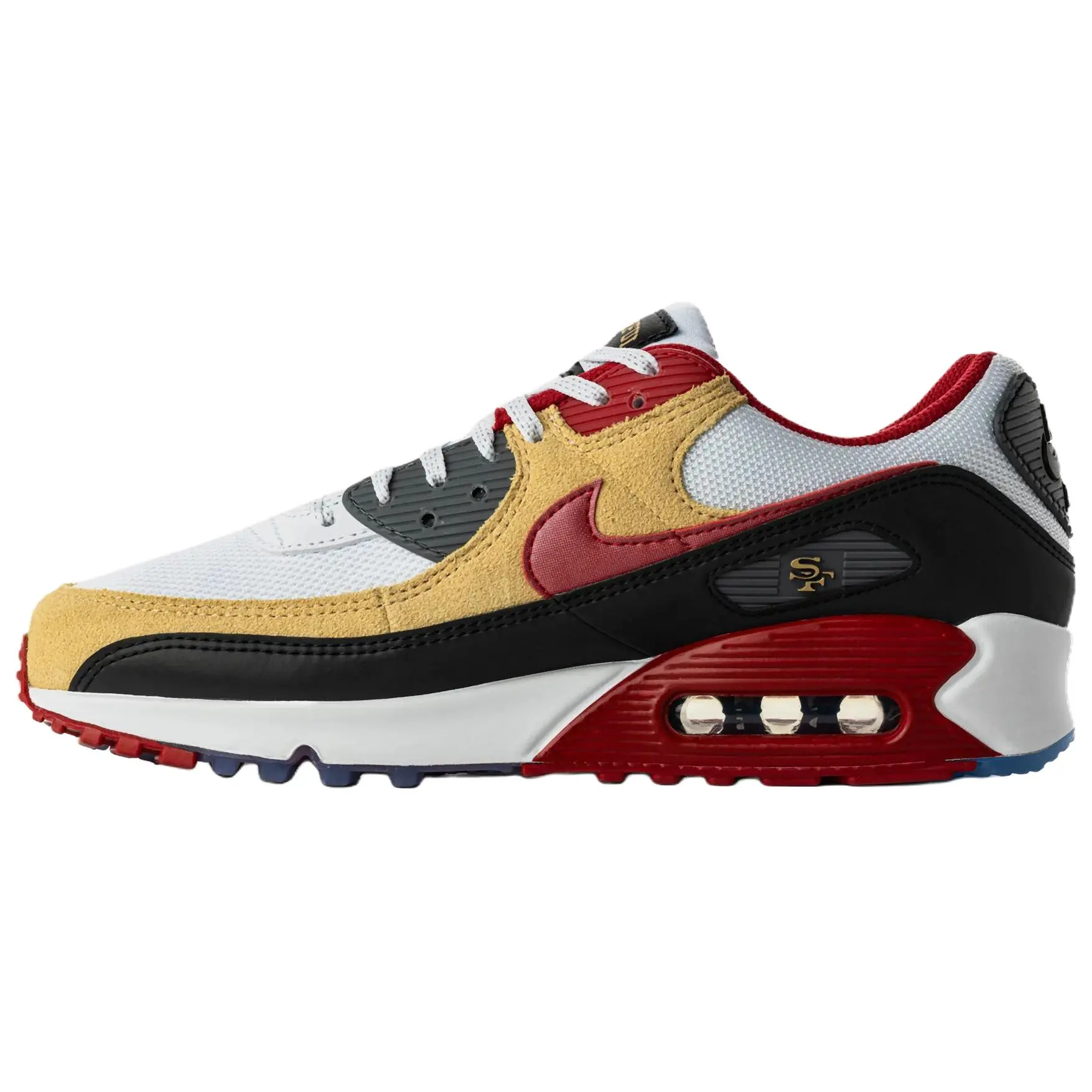 Nike Air Max 90 'San Francisco 49ers' Retro Colors Gold Unisex Sneaker - US M 10, Athletic Footwear, Casual Wear, Limited Edition, Runs Small, Team Spirit