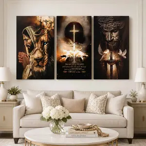 3 Piece Religious Canvas Wall Art Poster Set  Jesus Lion & Cross Prayer Hands Christian Inspirational Wall Decor, Faith Scripture Painting for Living Room Bedroom Office, Modern Spiritual Home Decoration Gift