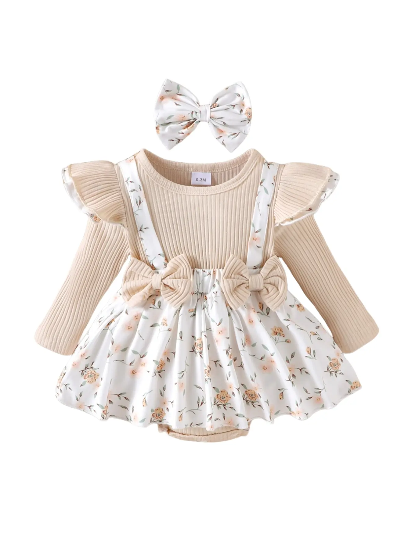 2026 Trendy Newborn Infant Girl Clothes 1-12 Months Beige Long Sleeve Floral Print 2 In 1 Romper With Matching Headband Set Spring Fall Sweet Baby Outfit Newborn Outfits Set for Photoshoot
