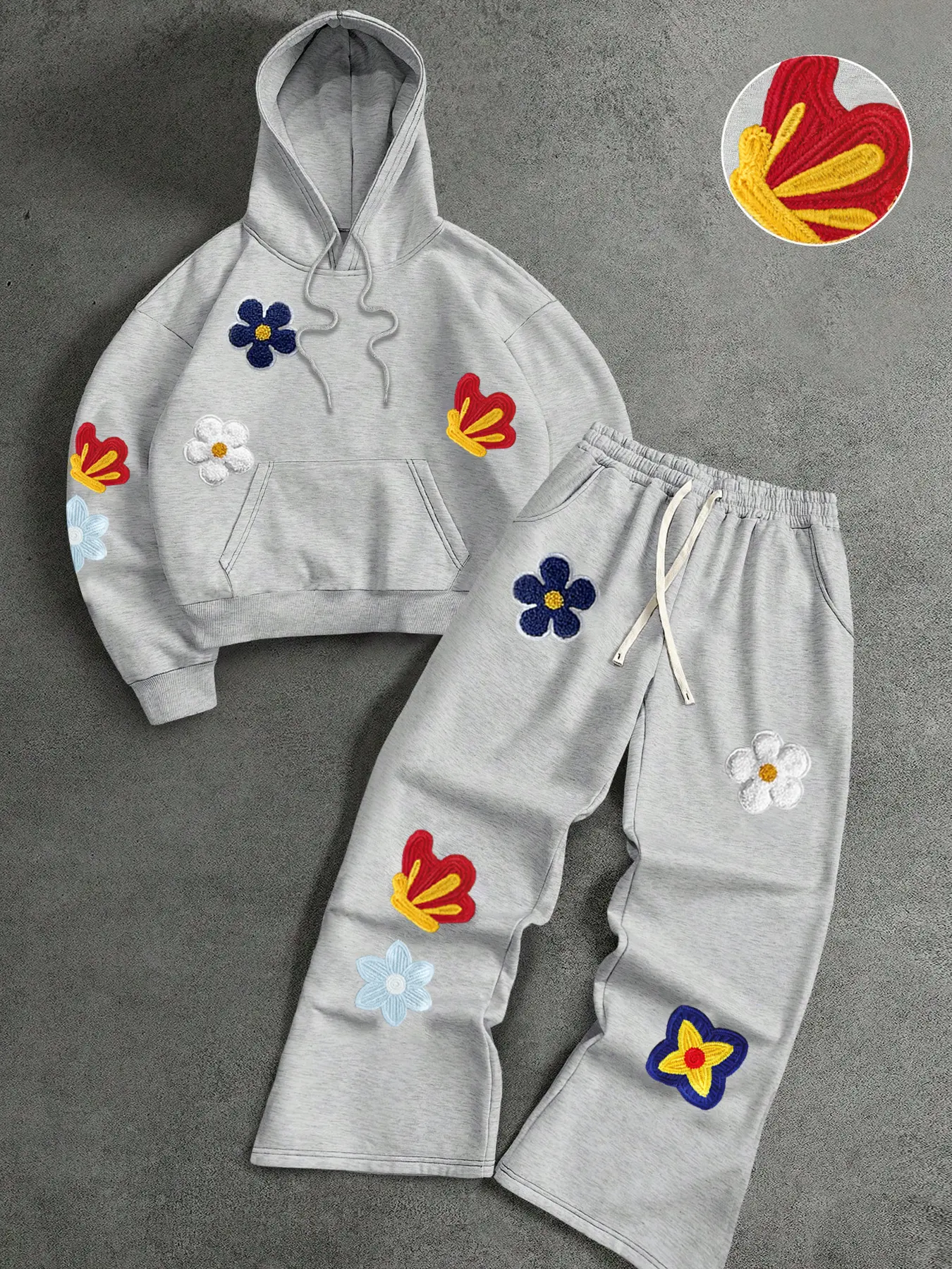 2 Piece Floral Embroidery Hoodie Sweatshirt Long Sleeves and Jogger Sweatpants Set, Cozy Fitted Unisex Lounge Set for Teens and Young Adults, Street Style Casual Wear