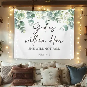 Bible Verses Christian Tapestry Wall Hanging for Bedroom, God is Within Her She Will Not Fall, Scripture Eucalyptus Wall Art Decor, Bible Verses Wall Decor, Christian Home Room Decor, 50*60 inches