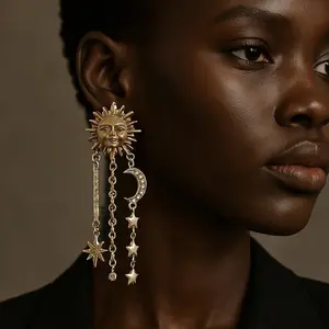 Planet earrings, exaggerated sun, moon, and star patterns, tassel earrings, creative geometric universe planet pendant, women's style