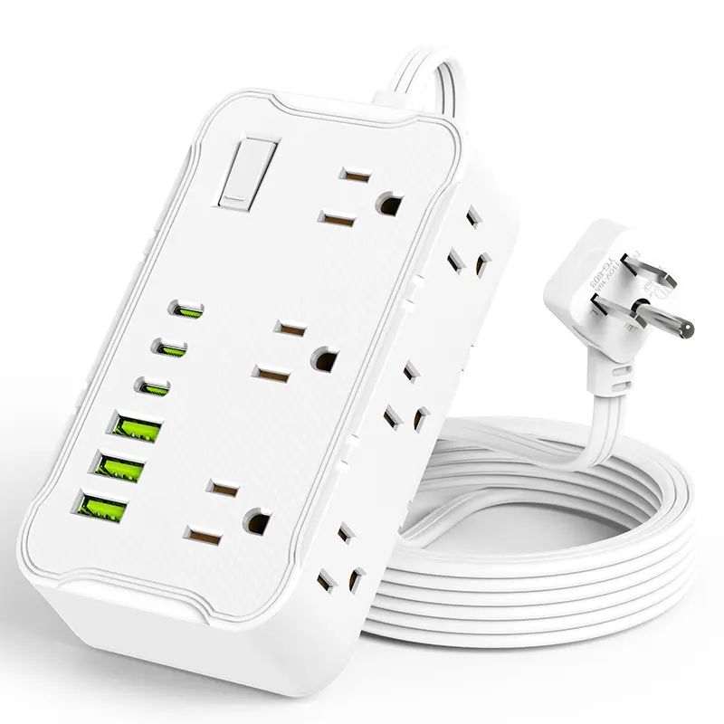 6.5FT/10FT/15FT extension line power board, 1pc 12-in-1 power board/power socket/power strip, 6 AC sockets, maximum power of 1250.W, 10A, 3 USB 3Type-C, suitable for home, office, travel and computer.
