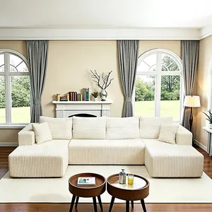 132" U-Shape Modular Corduroy 5-Seat L Shaped Sofa - Pre-Assembled Fabric Couch, Extra Wide Seat, Pet-Friendly, Plush Cloud-Like Lounge Chaise, Boneless Sectional Loveseat for Living Room Indoor Furniture