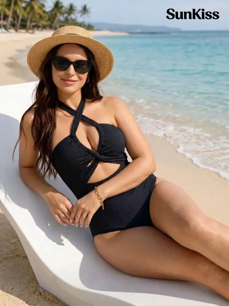 Women's Cross Halter Bodycon Monokini Swimsuit - Deep V Neck, High Stretch, Backless, Cut Out, Solid Color, Slim Fit, Breathable, Body Hugging, Chic Fabric, Elegant Resort Wear, Bachelorette Outfits Black Bathing Suit