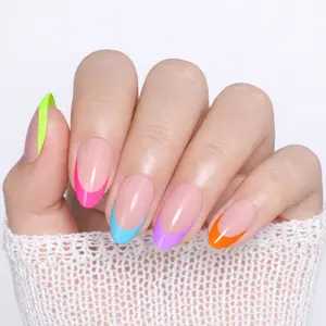 UNA GELLA 32Pcs Soft Gel Press on Nails - 16 Sizes Spring Summer French Tip Almond Glue on Nails, Reusable Neon Pastel Rainbow False Nails, Full Cover Acrylic Nail Kit for Women DIY Home Manicure