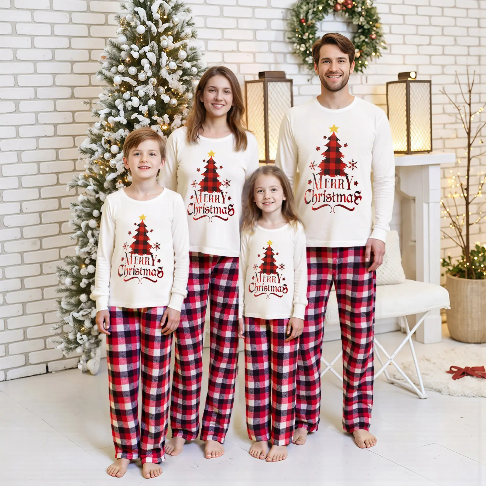 FOCUSNORM Family Matching Christmas Pajama Set Christmas Tree Letter Print Long Sleeve Tops and Plaid Pants Holiday Sleepwear Outfits
